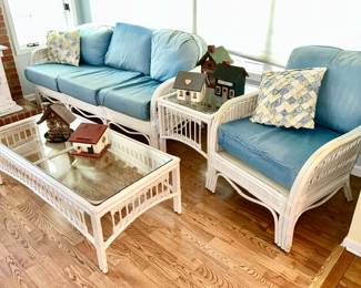 Rattan sofa, glass top side table, chair, coffee table, bird houses