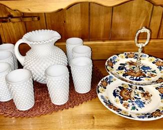 Close up view of Fenton hobnail set, 2 tier tidbit tray