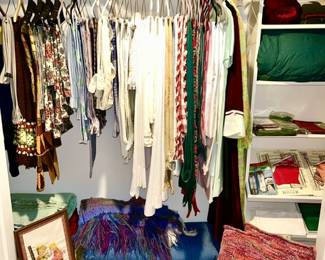 A nice collection of table linens, woven bunny rug, pillows, bedding, etc. (some SOLD)