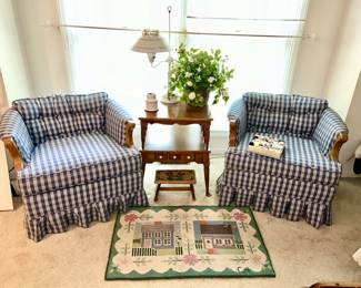 Pair of blue & white checked chairs, vintage side chair, woven house rug, vintage stool