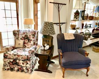 Two arm schairs, lamps, side table w/ drop down sides, two antique wooden rakes
