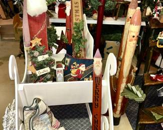 Large wooden sleigh, Santa's and Christmas decor