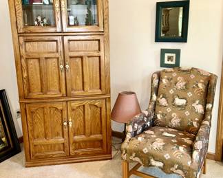 Upright cabinet with storage, top glass doors for display, Animal print side chair