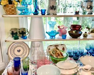 Collectible glassware, pattern glass, Opalescent glass, Cranberry hobnail vase, amethyst fish handled fish vase, Pyrex mixing bowl, etc. (some SOLD)