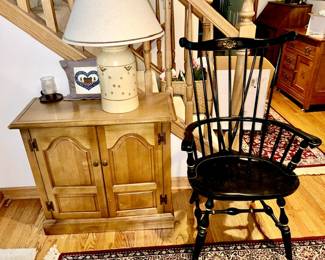 Small cabinet, Nichols & Stone Co. Windsor Harvest Stenciled chair (SOLD), table lamp