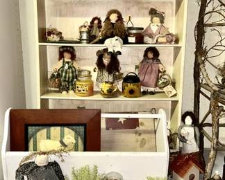 Collectible wooden dolls, misc. vintage & modern decor, painted tools box, etc. (some items SOLD)