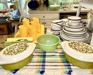 Two Pyrex casserole dishes, Jadeite swirl mixing bowl (SOLD), stoneware set (SOLD), plastic glass/tray set