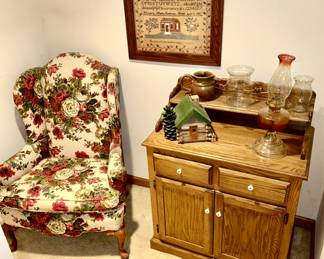 Vintage wing back chair (SOLD), 2 tier cabinet, sampler print