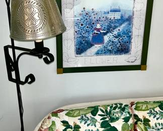 Sun Flower print, metal floor lamp w/ tin punched shade