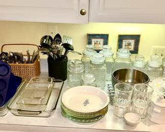 Glass cookware, cooking utensils, glass jars, etc. (some SOLD)