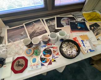 Apollo 14 ephemera, photos, autographed photos, Mars observer, Soace Shuttle and NASA ephemera, cups patches, stickers and pins.