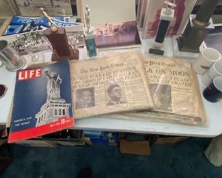 Ephemera, photos, NY Times JFK assignation and first man on the moon.