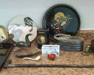 Asian Decor, Lucite Art Deco Purse, Carved Cane, and a Ceramic Frog