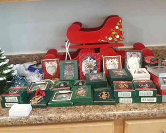 Vintage Christmas Ceramic Tree, Wooden Sleds, Variety of Ornaments