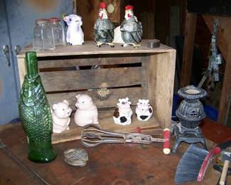 Old Ceramic Chickens, Iron mini Stove and Shakers