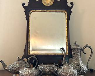 Kirk Repousse sterling silver Coffee and tea service, Chippendale mirror.
