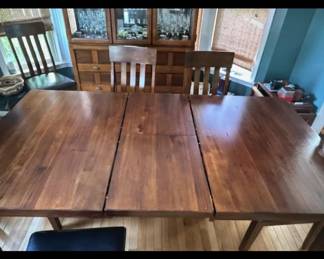 Dining table set, with pop-up leaf, 6 chairs and 1 bench
