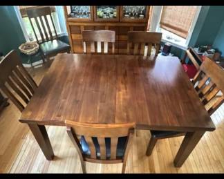 Dining table set, with pop-up leaf, 6 chairs and 1 bench
