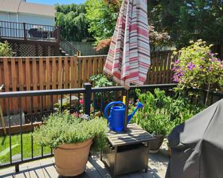 Outdoor planters, umbrella....