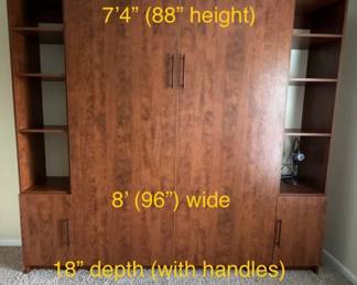 Queen size Murphy bed/wall unit. Slept on twice. AVAILABLE FOR PRE-SALE. Price is $500.00- BUYER brings tools & labor to dismantle & carry out.