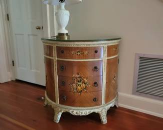 Louis XV style cabinet.  Mahogany and over painted floral designs.  Circa 1930.