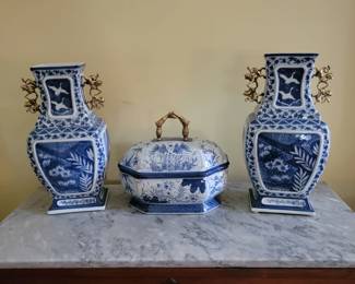 Pair of grand scale Chinese style blue & white urns and matching tureen.  By Maitland Smith.
