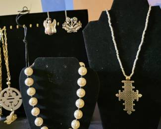 Sterling Ethiopian cross, costume "pearls"