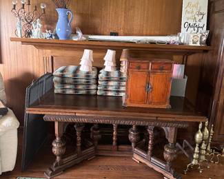 Very cool solid wood table, small chest 