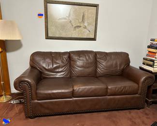 Havertys Leather Sofa and Painting by Fort Worth Artist Bill Bristow