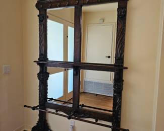 3. LARGE ANTIQUE 19th Century Victorian Oak Wood Hall Tree with Carvings 93"h X 59" w X 11d