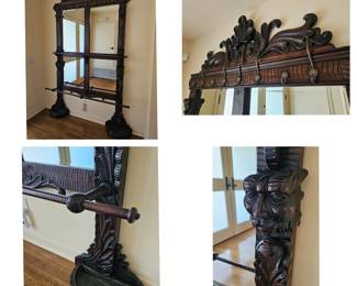 Extra view LARGE ANTIQUE 19th Century Victorian Oak Wood Hall Tree with Green Man Carvings