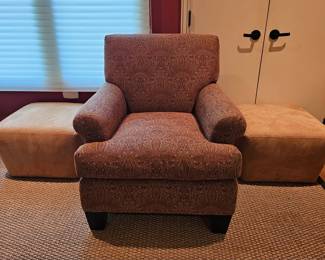 51. Paisley type print upholstered club chair
52. A. Rudin ultra suade ottomans stools. Pair