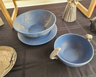76a and b. Emilia Castillo blue art pottery bowl and plate with sterling overlay.
77. Emilia Castillo blue art pottery with parrot handles