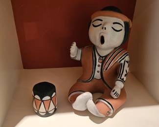 10. Mary Martin Cochiti Pueblo. Story teller w/drum. 8" high. Drum is 2.5l high. Dated 1981.