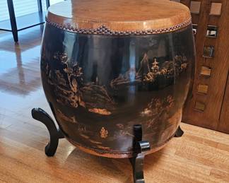 2. Black lacquer gilt painted drum w/ cowhide seat