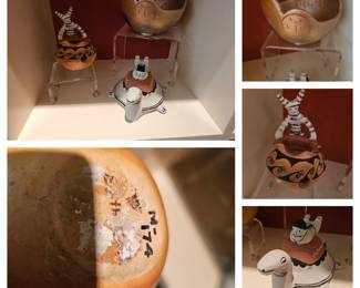 17. Hopi bowl with Kashare by Edith Nash
18. Micaceous Kiva ceremonial step bowl for sacred cornmeal use. "cloud people" and "rain" are painted on-very unusual. "Fire clouds" near the base." Taos style.
19. Cochiti Pueblo Small Turtle Pottery Figurine w/child on Shell by Antonita Cordero Suina. 3-3/4" h x 6-3/4" length.