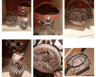 Native lot Baskets 5" 24. Acoma cow pitcher. C. 1940.
25. Zuni Kiva Step Bowl/Ceremonial Bowl. Kachina's would carry these bowl in parades to sprinkle sacred cornmeal. C. 1940
26. Santo Domingo Pueblo polychrome bowl with black petals and white tipped points design. The handle is tilted meant for wall hanging handle.