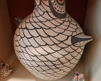 23. Zuni Pueblo Large Pottery Owl with 2 owlets. 12" h x 10-1/2" diameter. White to grey native clay with crushed rock temper