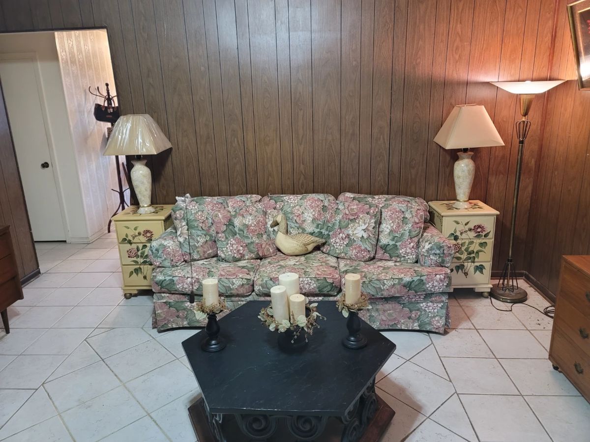 3 Seat Sofa, Side Tables, Slate Top Coffee Table, Vintage Standing Lamp