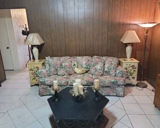 3 Seat Sofa, Side Tables, Slate Top Coffee Table, Vintage Standing Lamp