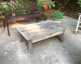 Metal bench, rustic wood table no plants are for sale
