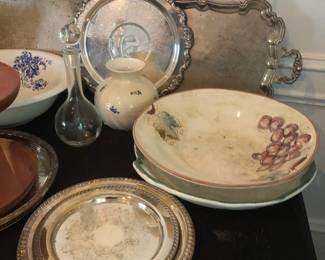 Silver plate trays, serving bowls