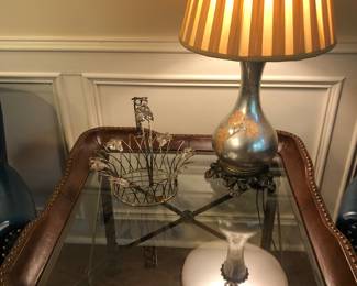 Leather and metal with glass side table 