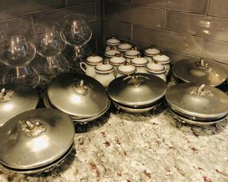 Pewter soup bowls, glasses