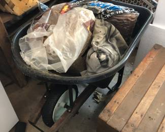 Antique trunk, wheelbarrow, gardening stuff
