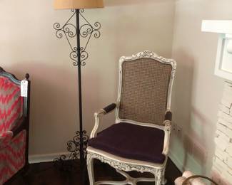 White shabby chic captains chairs, metal floor lamp 