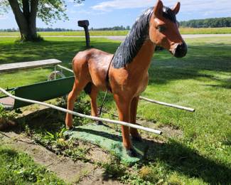 Adorable horse statue with authentic vintage racing sulky
