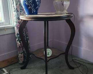 Antique lamp table, Asian inspired blue lamp, antique cracker jar lamp