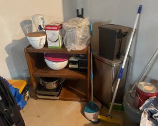 . . . shelving, stainless steel trash can, Tupperware