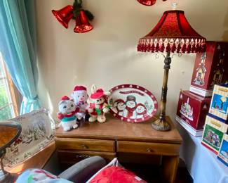 Desk, table lamp and holiday decor